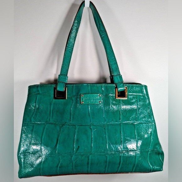 Kate Spade Elena Madrid patent croc leather handbag in a bottle green